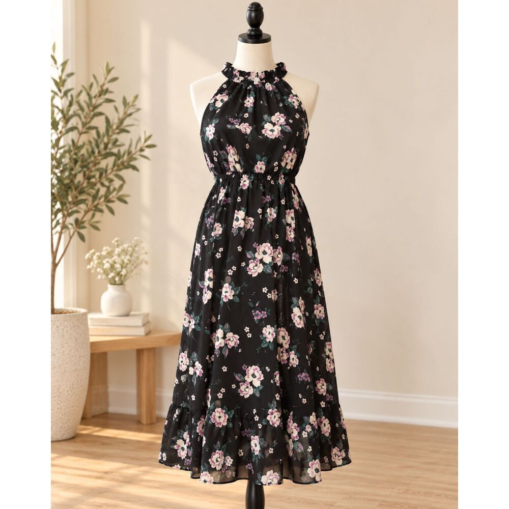 Sweet Lemon Floral Maxi Dress M Black Halter Neck Ruffle Boho NWT